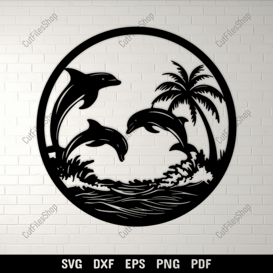 Dolphin round ocean scene SVG DXF PNG for CNC laser cutting