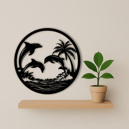 Dolphins jumping over waves round sign SVG DXF