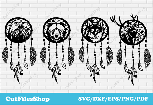 Dream catchers svg cutting files for cricut, animals cnc designs, vector for t-shirt, dxf for engraver, animals art dxf, eagle dxf files, bear art dxf, wolf dream catchers dxf, deer art svg for cricut, feathers svg files, digital design, cnc cutting design