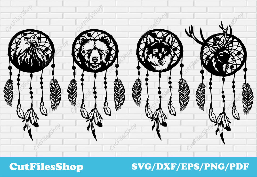 Dream catchers svg cutting files for cricut, animals cnc designs, vector for t-shirt, dxf for engraver, animals art dxf, eagle dxf files, bear art dxf, wolf dream catchers dxf, deer art svg for cricut, feathers svg files, digital design, cnc cutting design