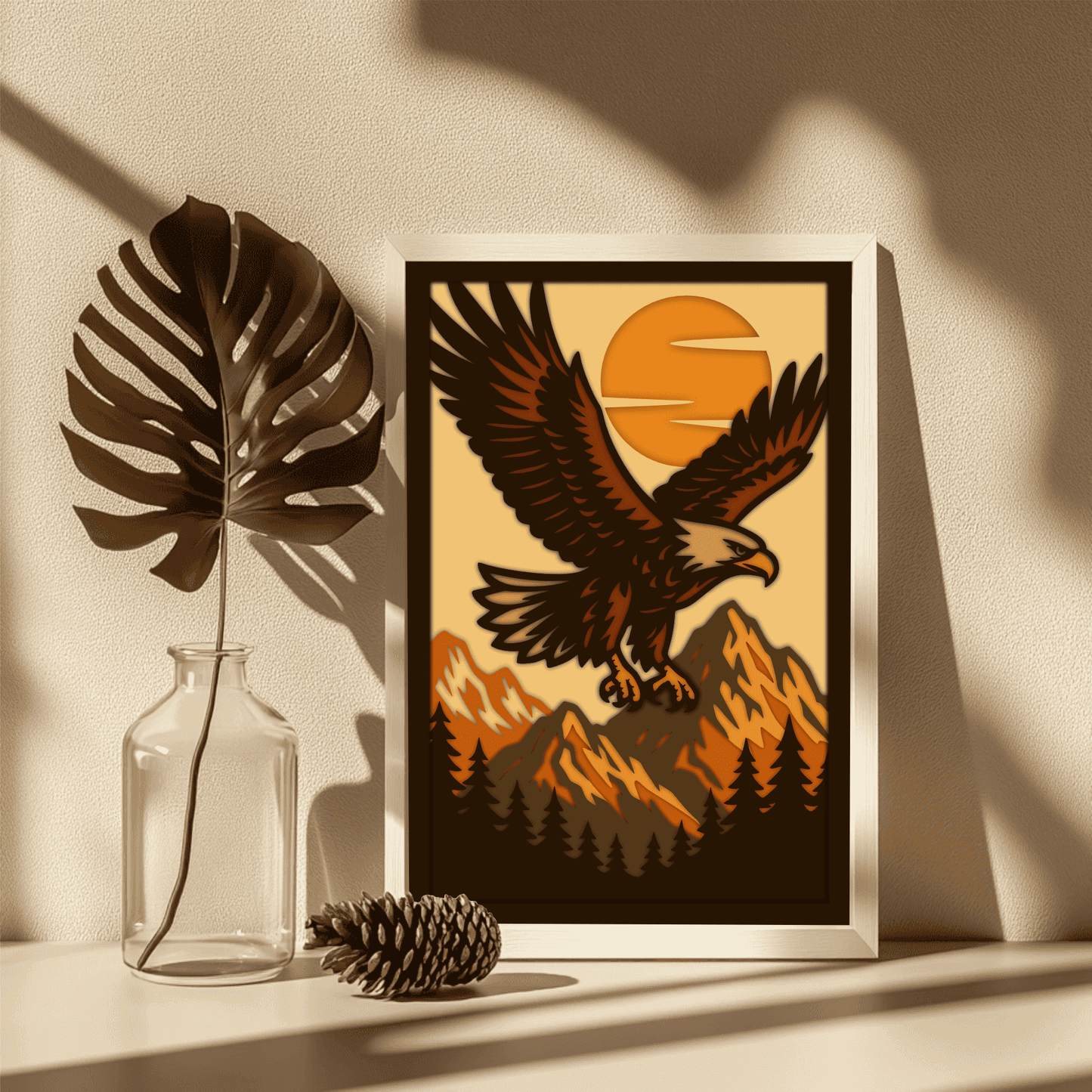 Mountain forest eagle 3D shadow box design for laser and CNC cutters