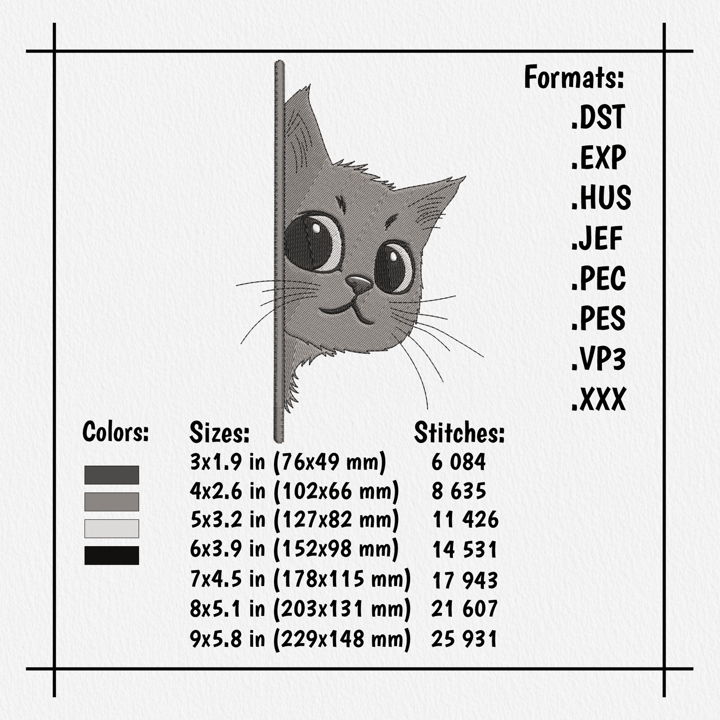 Curious cat embroidery file in DST, PES, JEF formats
