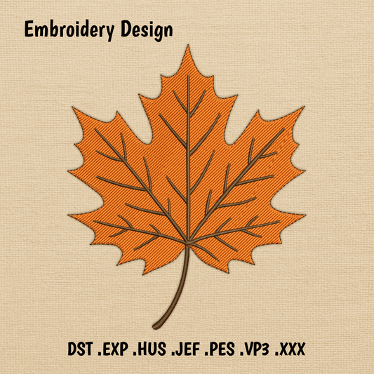Maple leaf embroidery design in orange color on beige background