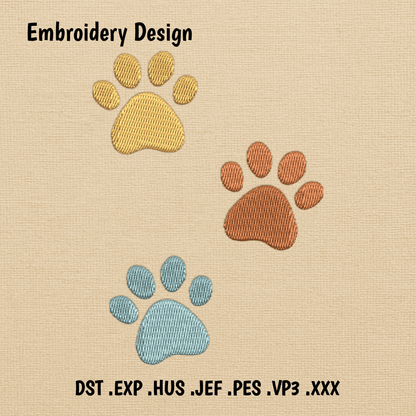 Paw prints embroidery design with colorful dog and cat paw shapes