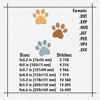 Colorful paw print embroidery file in multiple formats for animal lovers