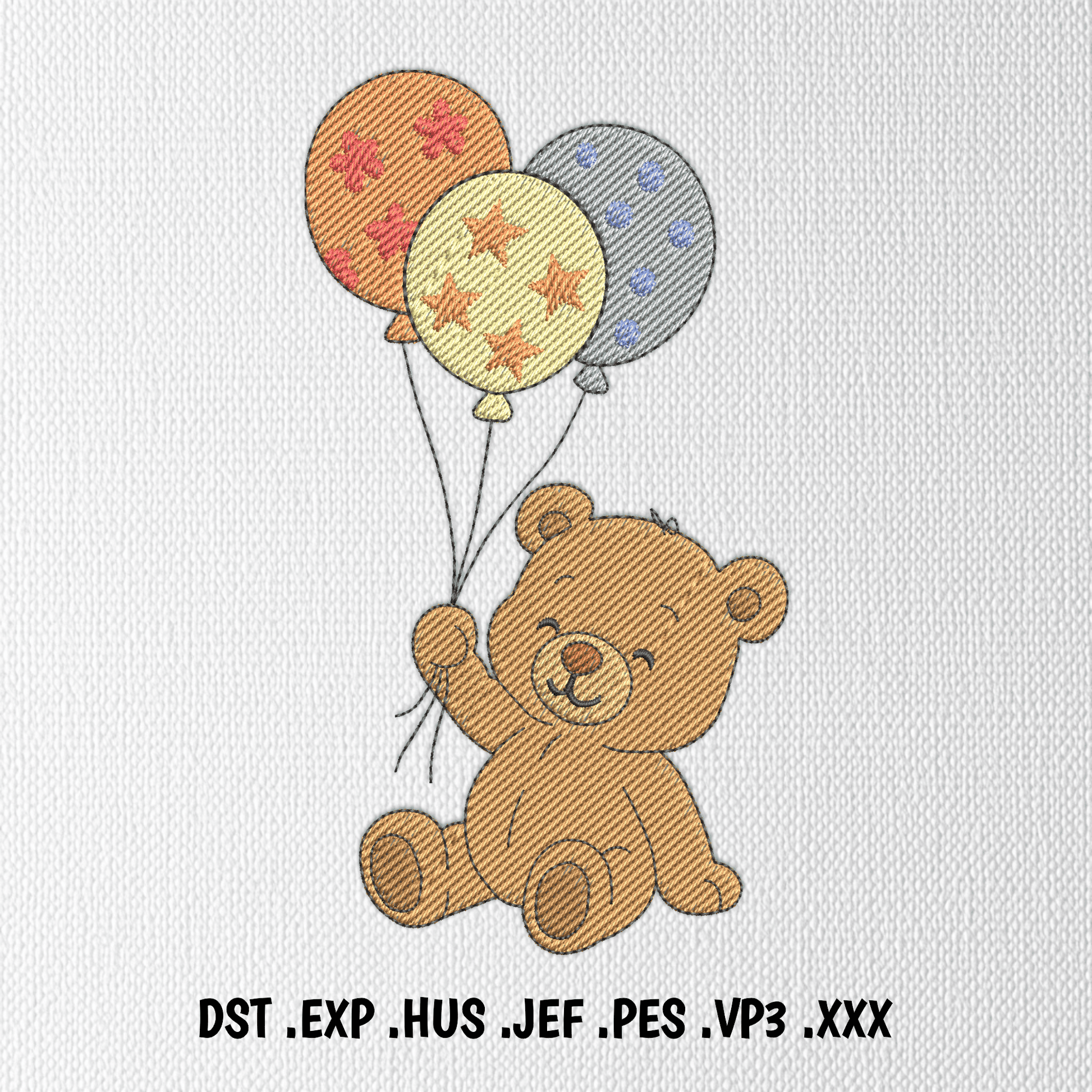 Teddy bear holding balloons embroidery design for baby clothes and nursery decor