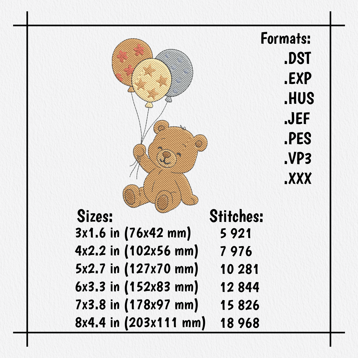 Cute bear embroidery file with colorful balloons in multiple sizes