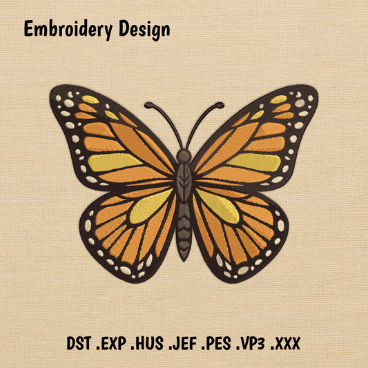 Butterfly embroidery design DST PES JEF with symmetrical wings and warm colors