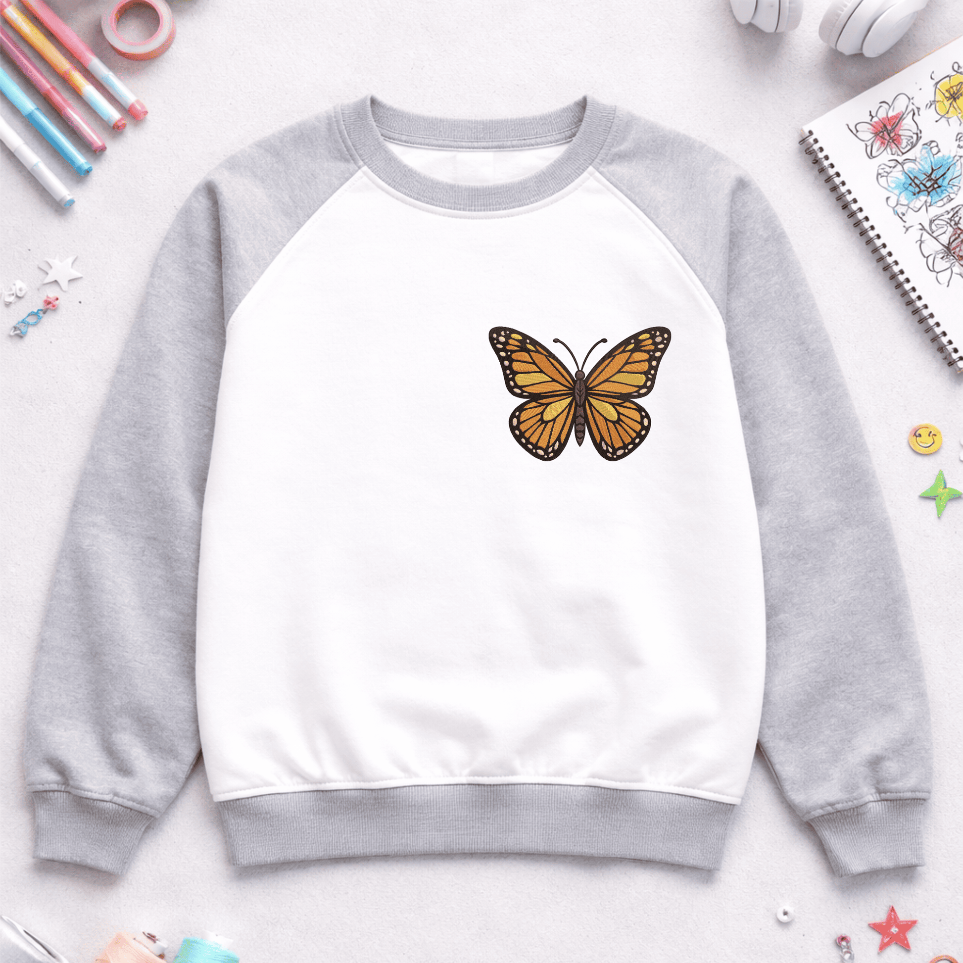 Nature inspired butterfly embroidery design for sweatshirt