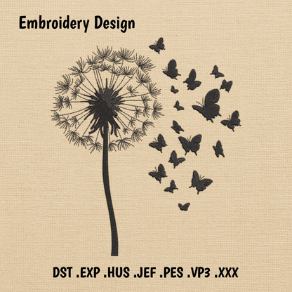Dandelion embroidery design with butterflies flying away silhouette style