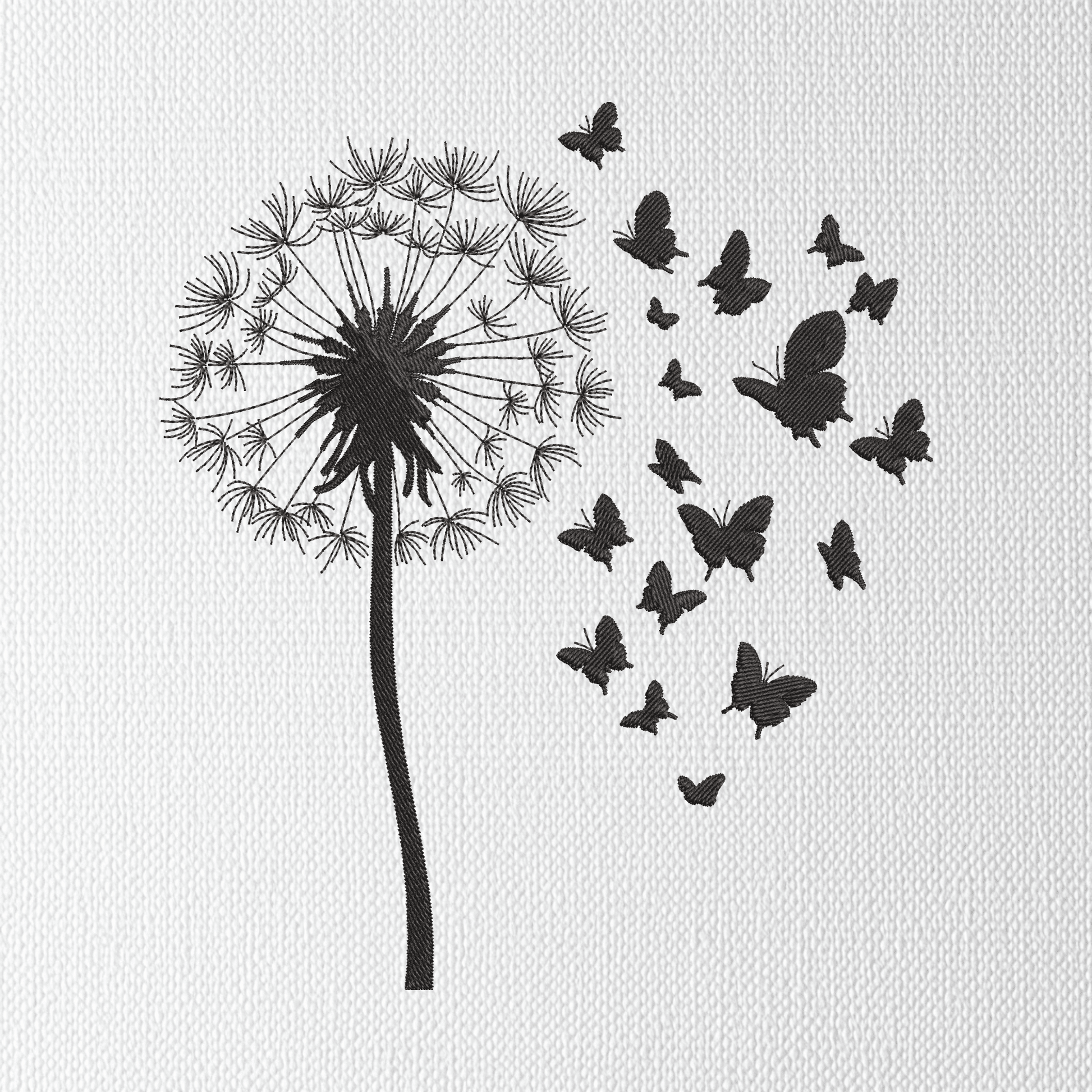 Botanical embroidery pattern showing dandelion and butterfly shapes