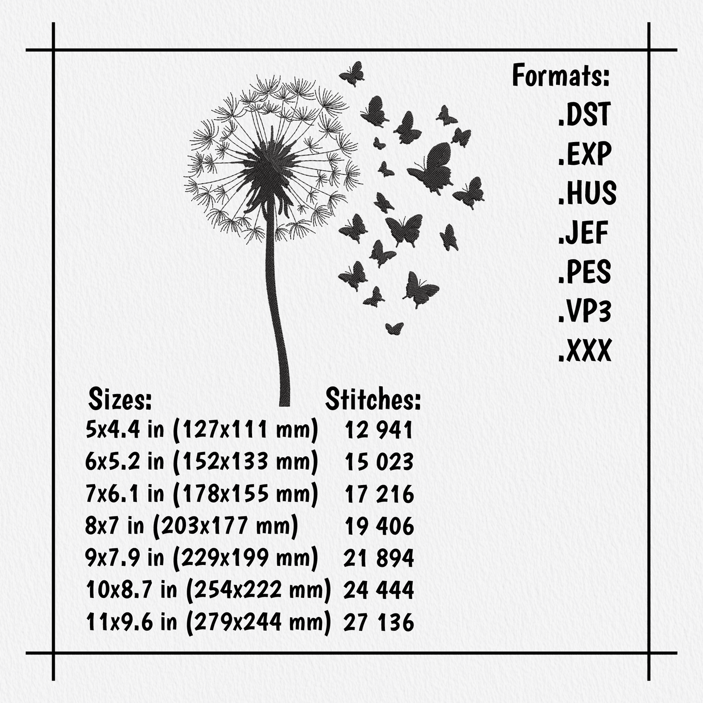 Silhouette dandelion embroidery file in DST PES JEF formats