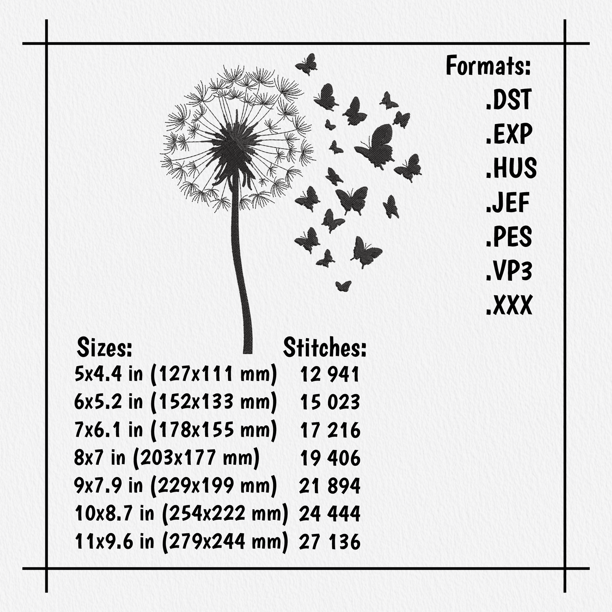 Silhouette dandelion embroidery file in DST PES JEF formats