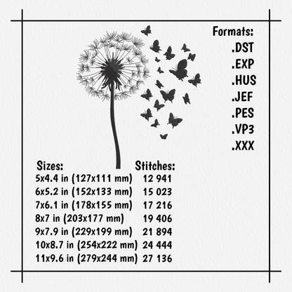 Silhouette dandelion embroidery file in DST PES JEF formats