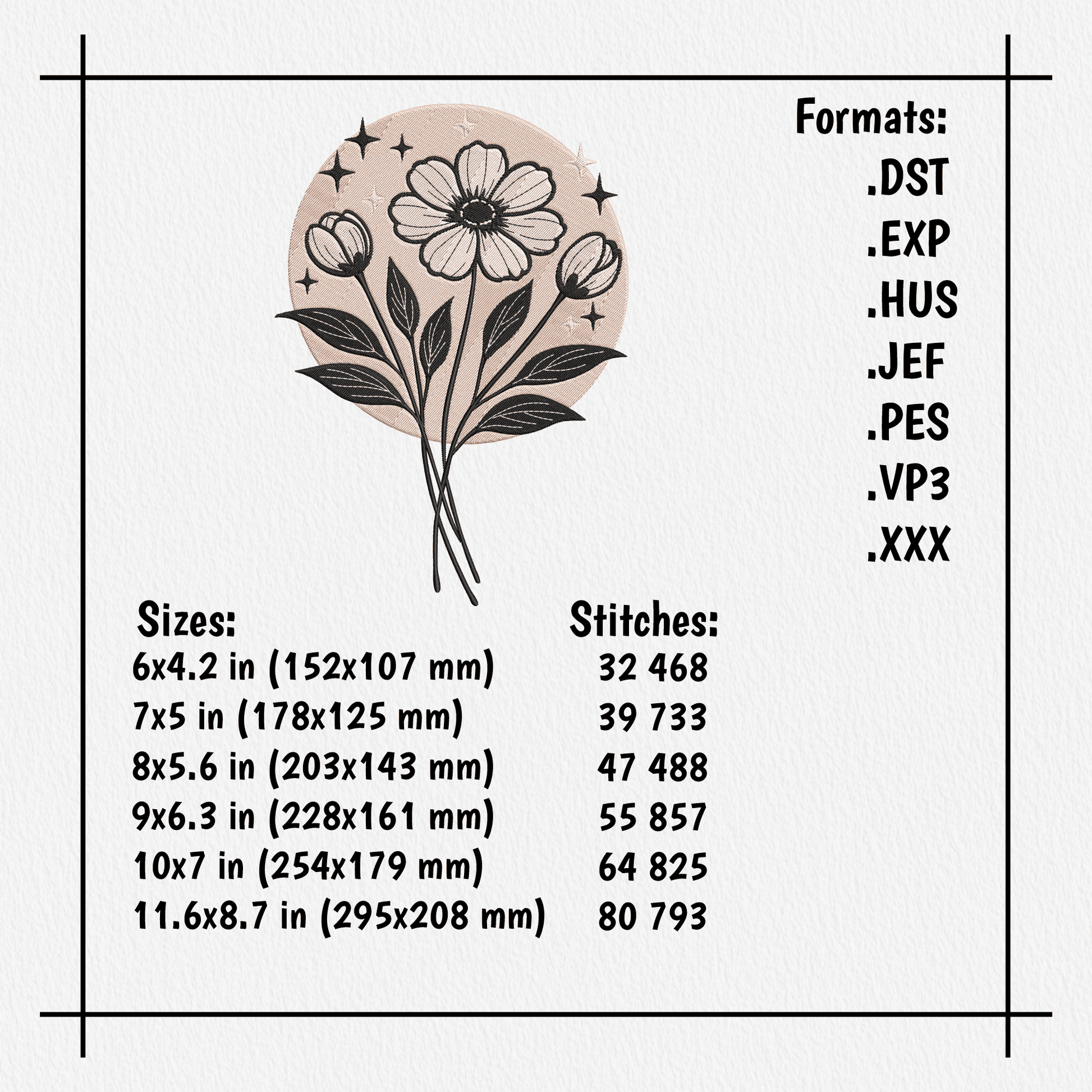 Botanical daisy embroidery pattern with decorative circular background