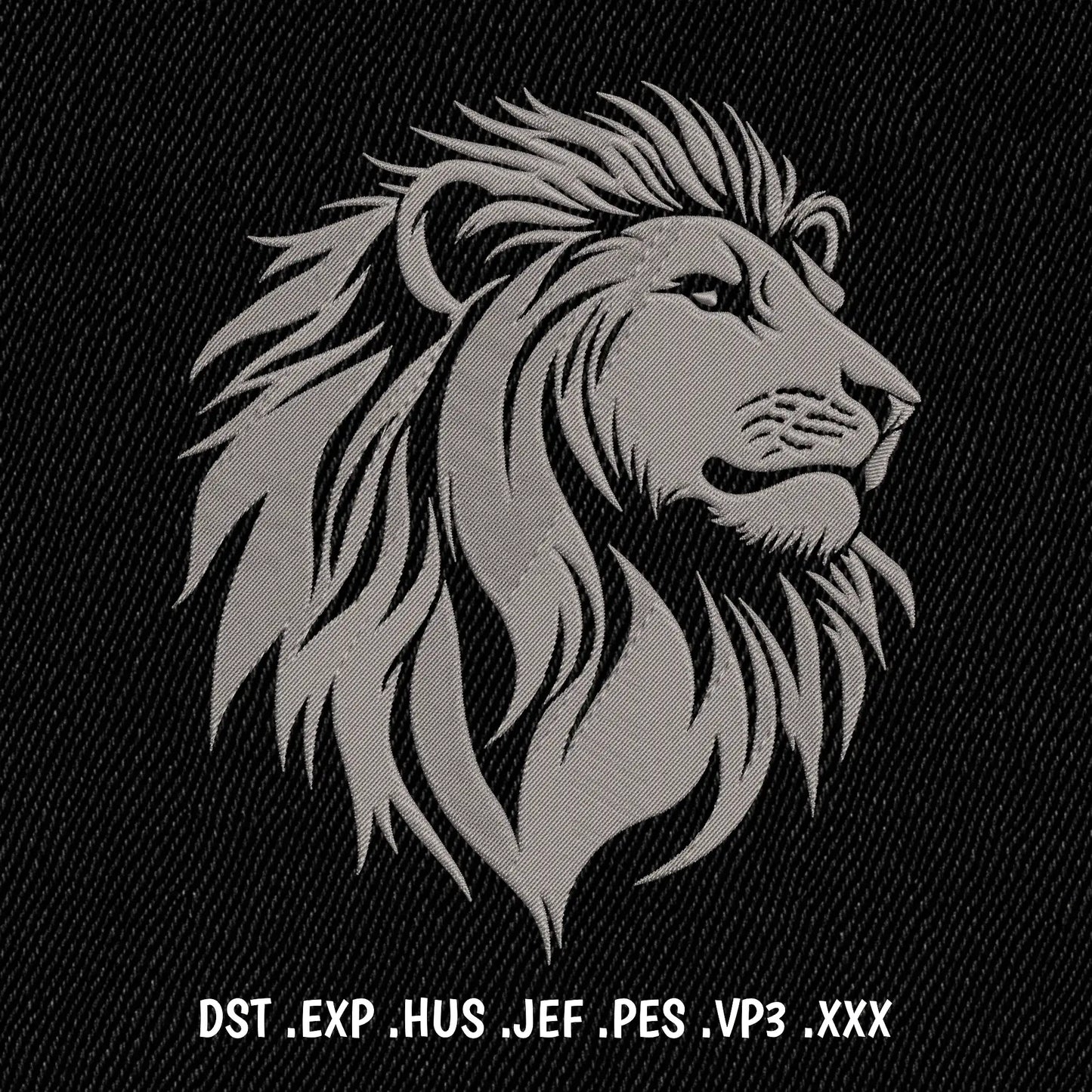 Lion head embroidery design DST PES JEF with flowing mane silhouette