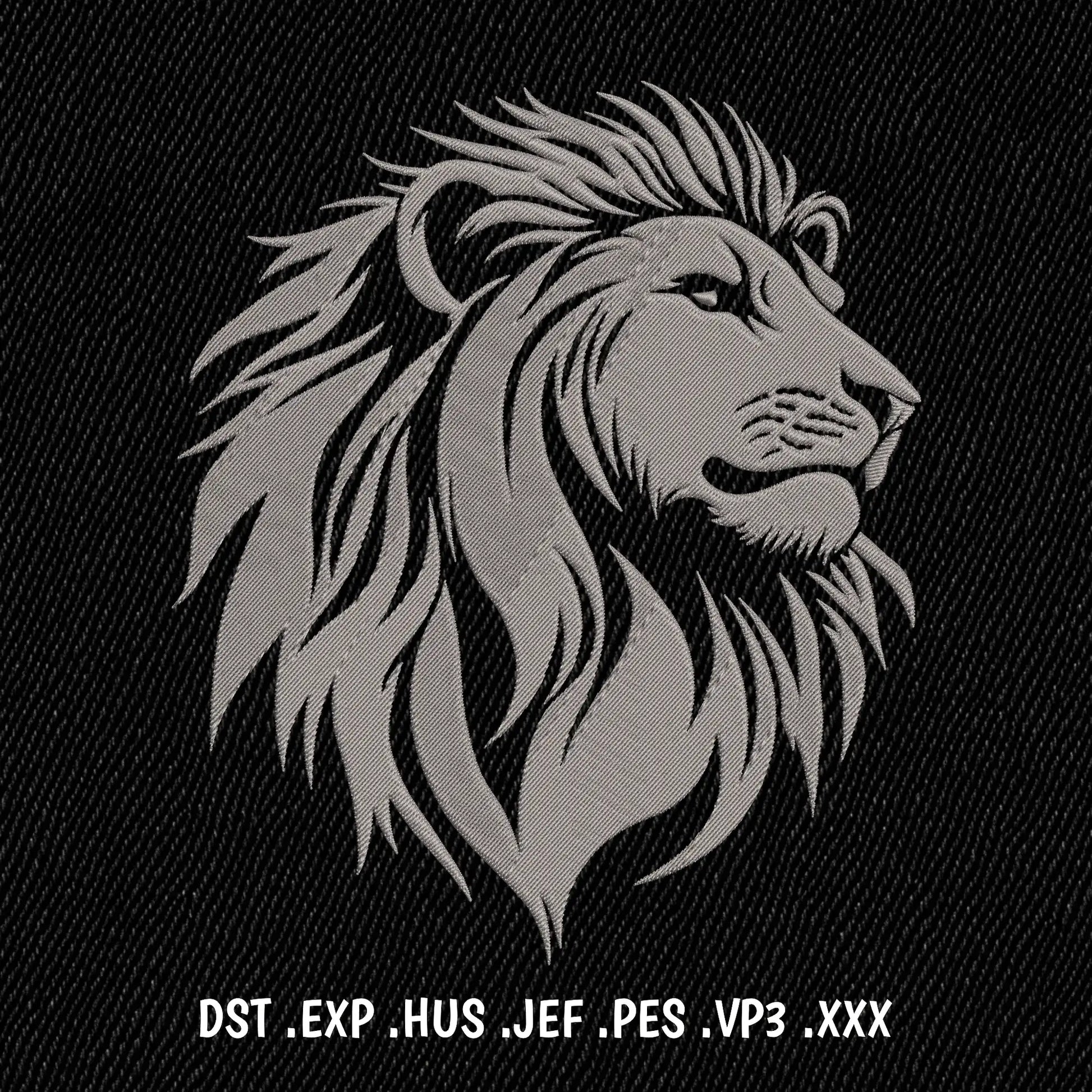 Lion head embroidery design DST PES JEF with flowing mane silhouette