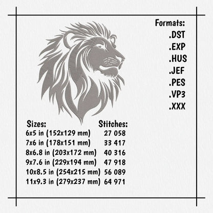 Digital lion embroidery pattern in multiple machine formats