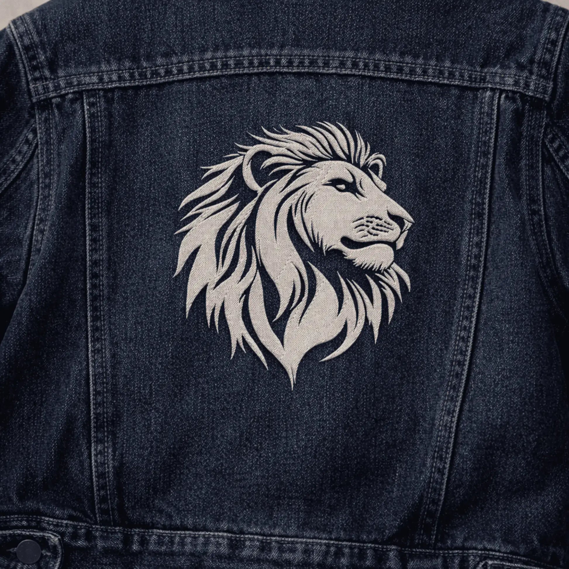 Machine embroidery lion head design for jackets and textile decor