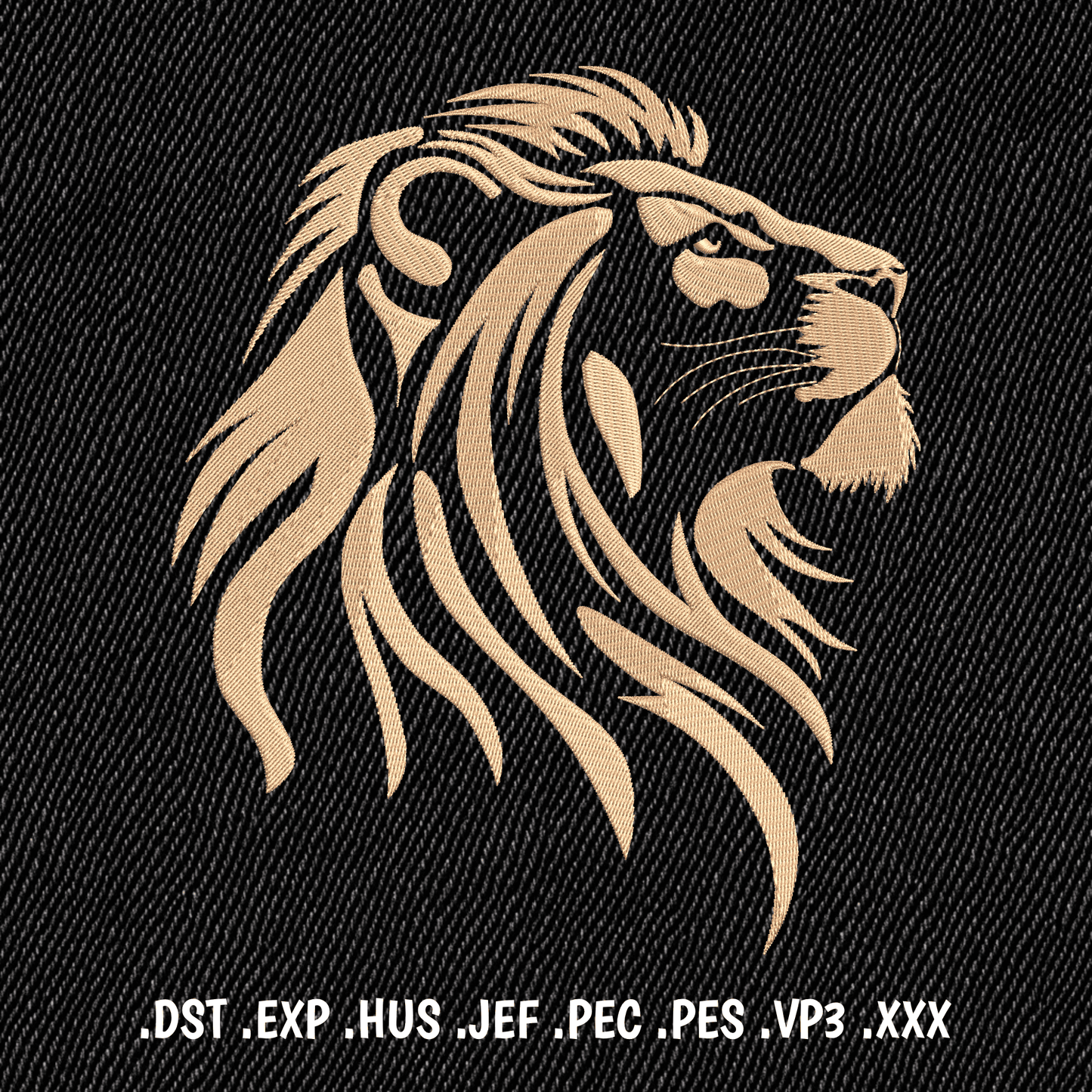 Lion head machine embroidery design stitched in golden thread on black fabric.