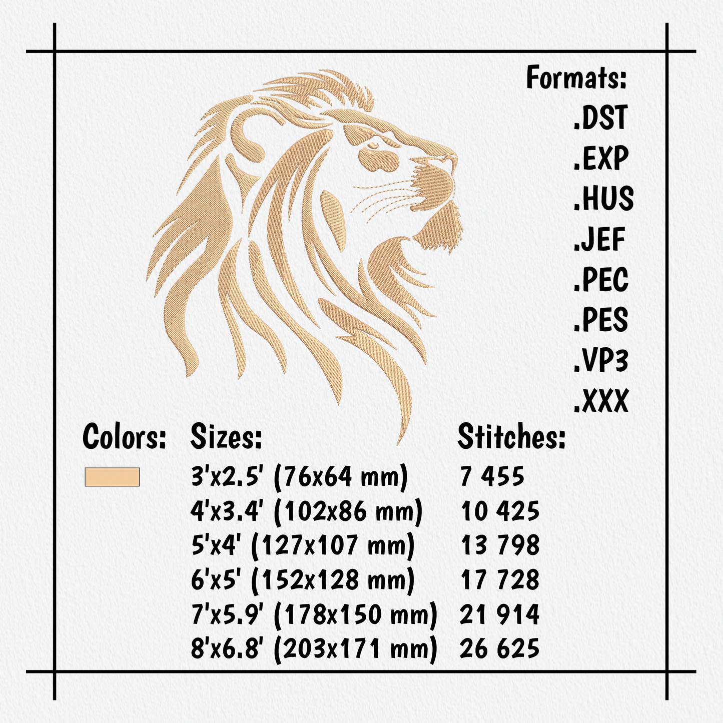 Detailed side-profile lion embroidery featuring a flowing mane and strong facial features.