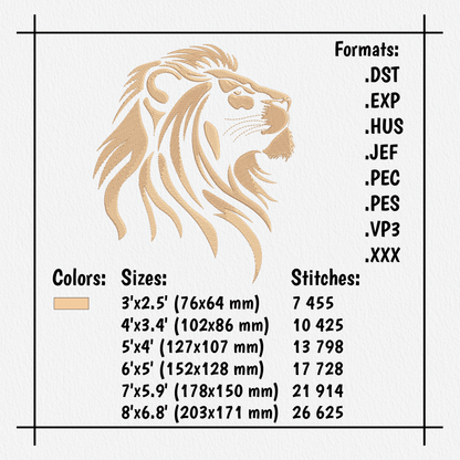 Detailed side-profile lion embroidery featuring a flowing mane and strong facial features.