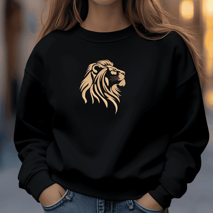 Golden lion head embroidery design with layered mane details on a black textile background.