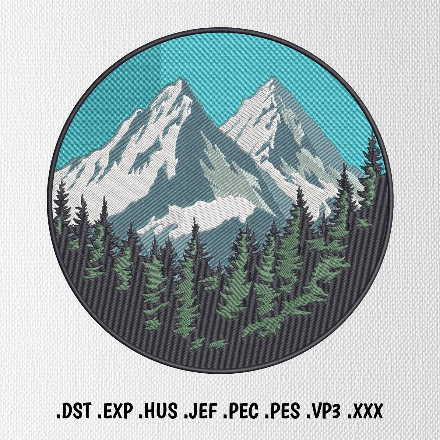 Mountain bear machine embroidery design with snowy peaks, pine forest and turquoise sky.