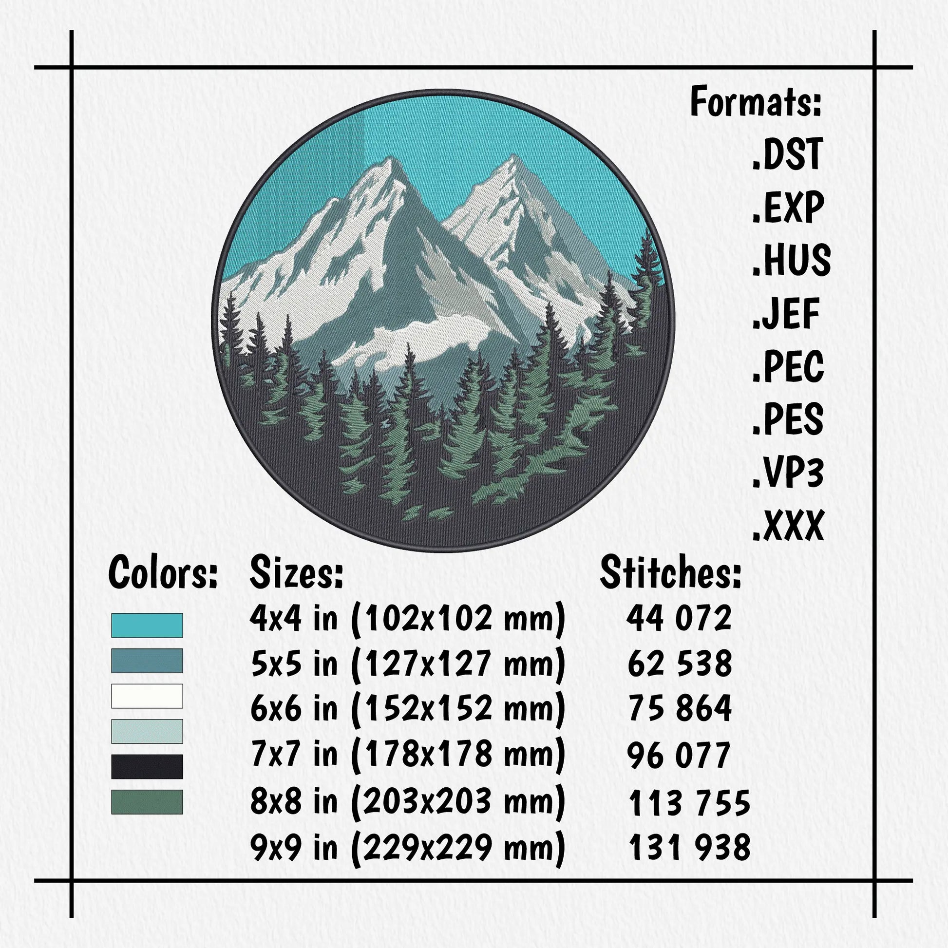 Mountain landscape machine embroidery design with snowy peaks, clouds and evergreen forest.