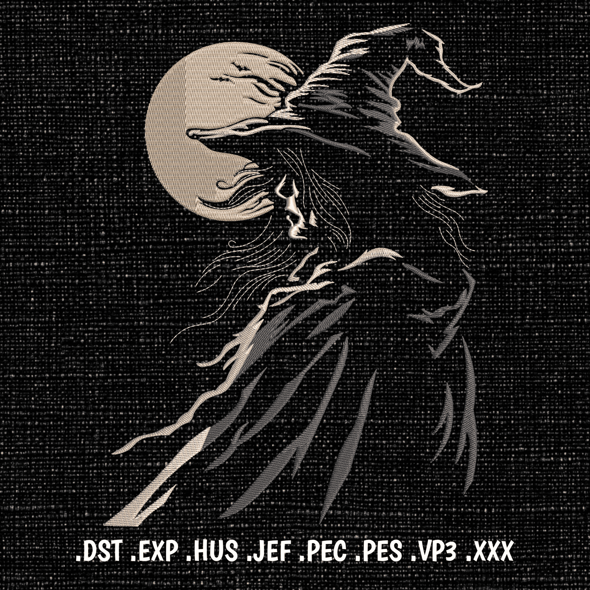 Gothic witch embroidery stitched in ivory, white and grey thread on black fabric.