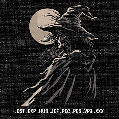 Gothic witch embroidery stitched in ivory, white and grey thread on black fabric.