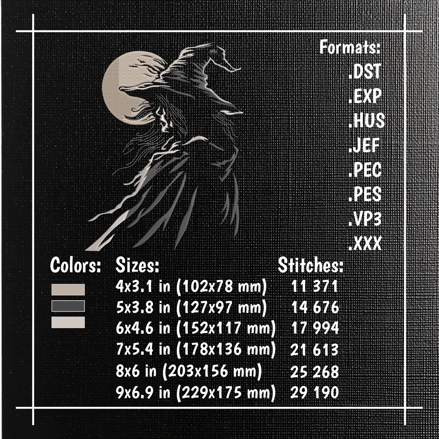 Halloween witch embroidery design displayed on the back of a premium black hoodie.
