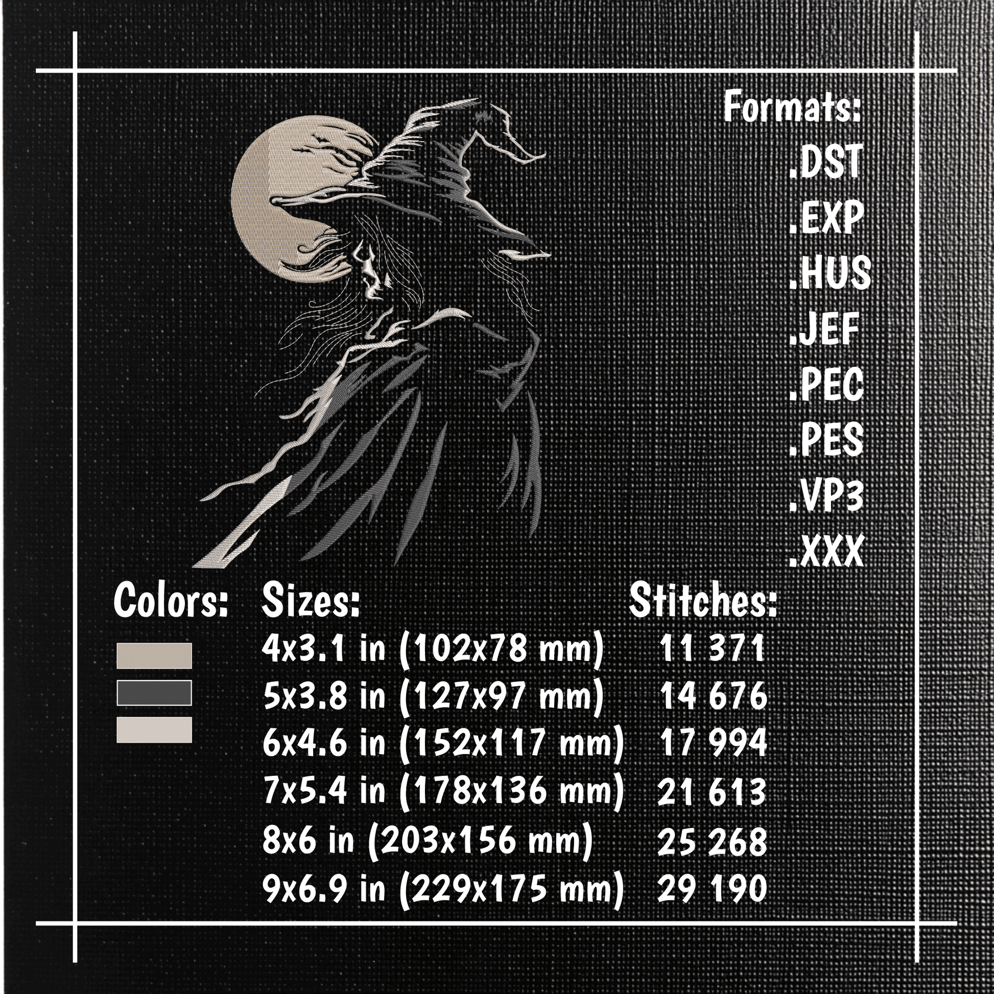 Halloween witch embroidery design displayed on the back of a premium black hoodie.
