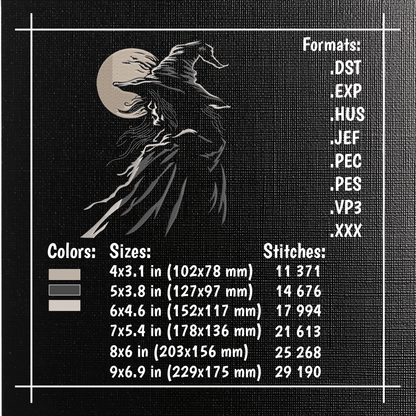 Halloween witch embroidery design displayed on the back of a premium black hoodie.