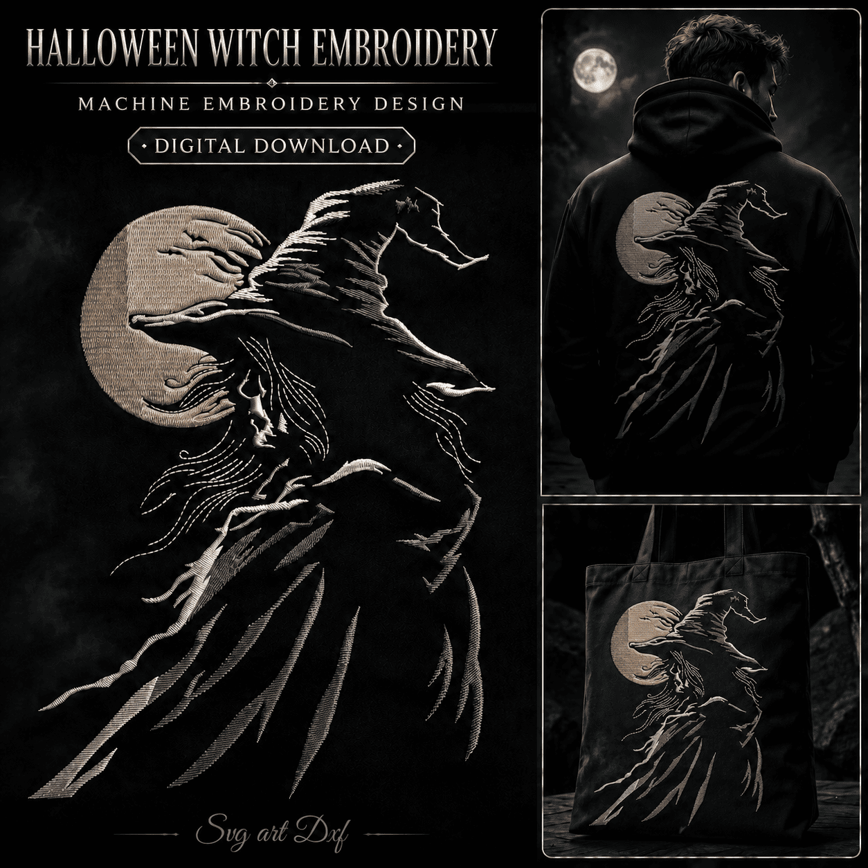Halloween witch machine embroidery design with a pointed hat, full moon and flying bats.