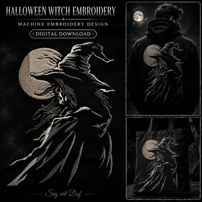 Halloween witch machine embroidery design with a pointed hat, full moon and flying bats.