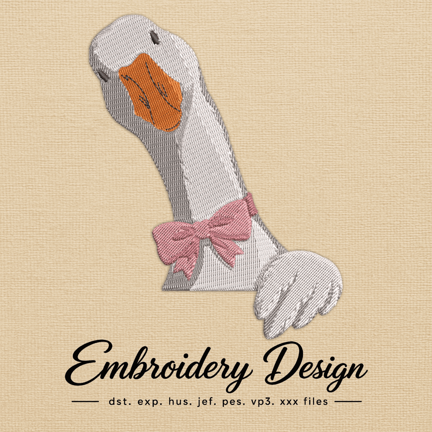 White goose embroidery design with an orange beak, grey stitching and detailed pink bow.