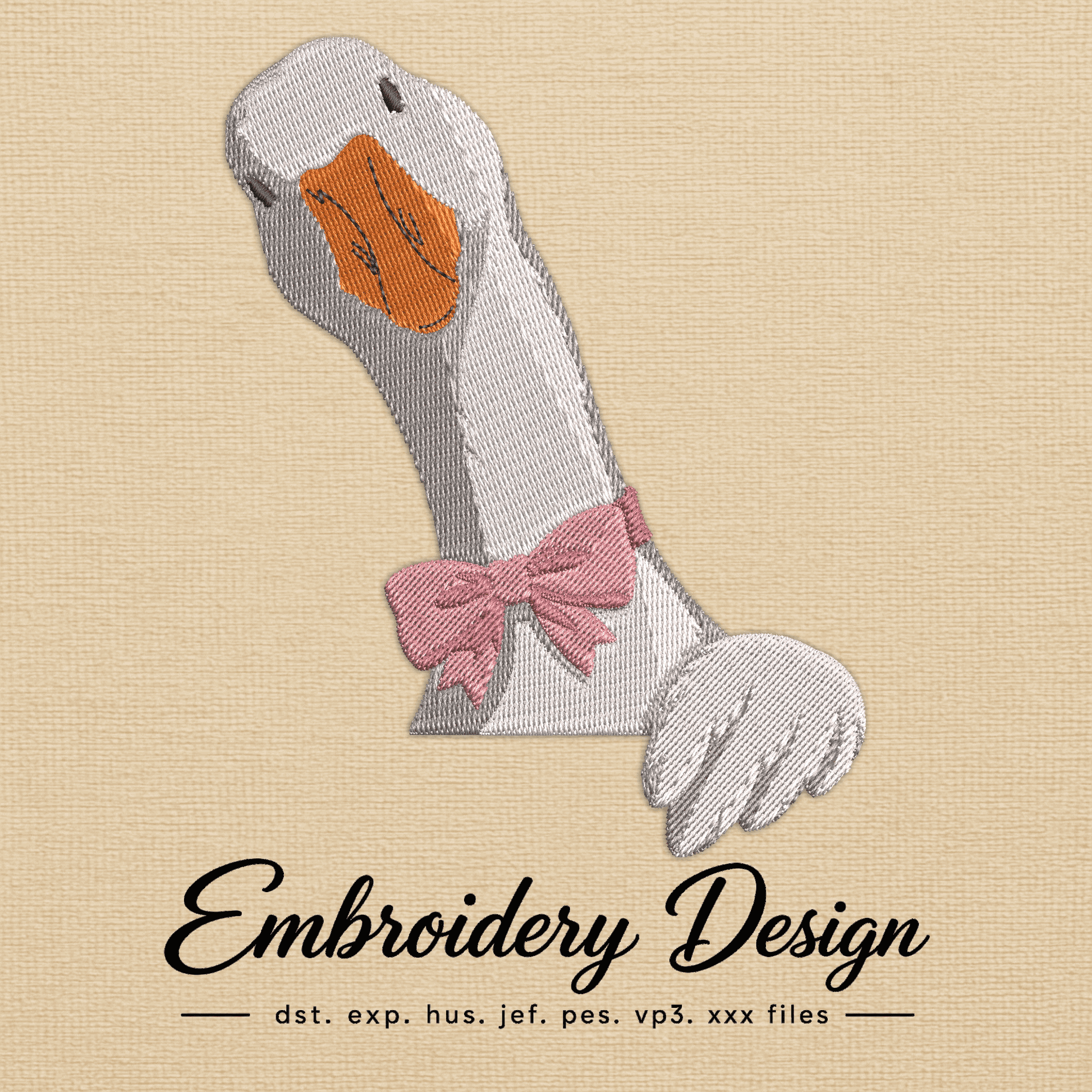 White goose embroidery design with an orange beak, grey stitching and detailed pink bow.