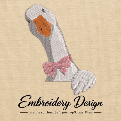 White goose embroidery design with an orange beak, grey stitching and detailed pink bow.