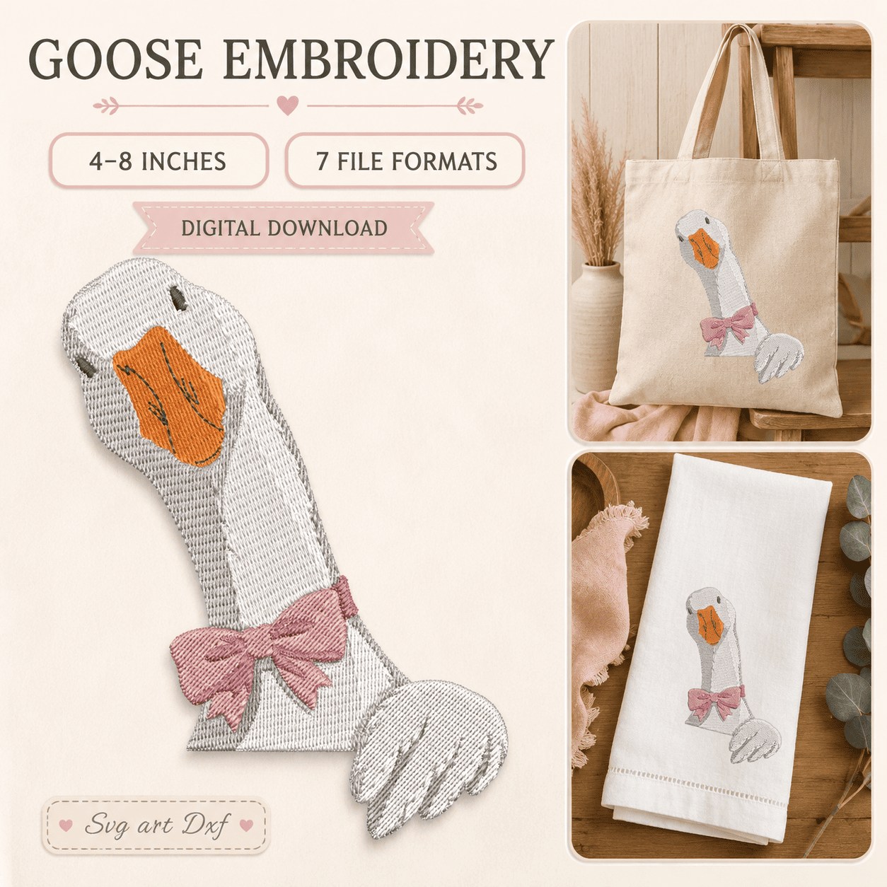 Goose with pink bow machine embroidery design available in sizes from 4 to 8 inches.