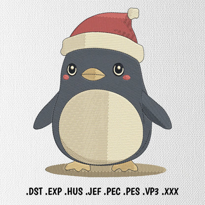 Christmas penguin machine embroidery design featuring a cute penguin wearing a red Santa hat.