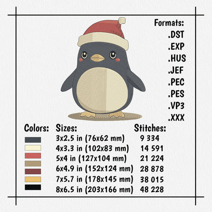 Cartoon penguin embroidery with large eyes, rosy cheeks, cream belly and festive Christmas hat.