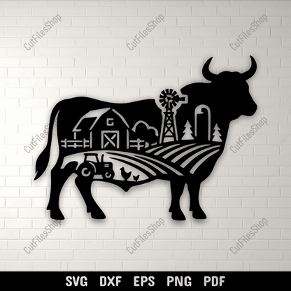 Farm bull scene SVG DXF PNG for CNC laser cutting