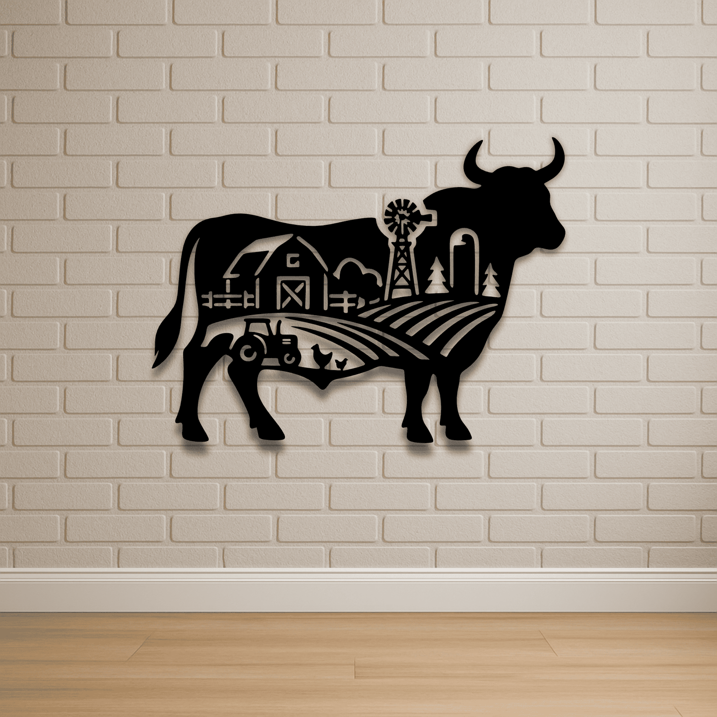 Cow silhouette with barn and tractor design for Cricut