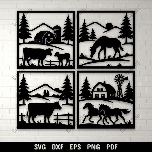 Cow and calf farm scene SVG silhouette for laser cutting