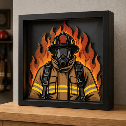 Realistic firefighter 11-layer shadow box with illuminated flames