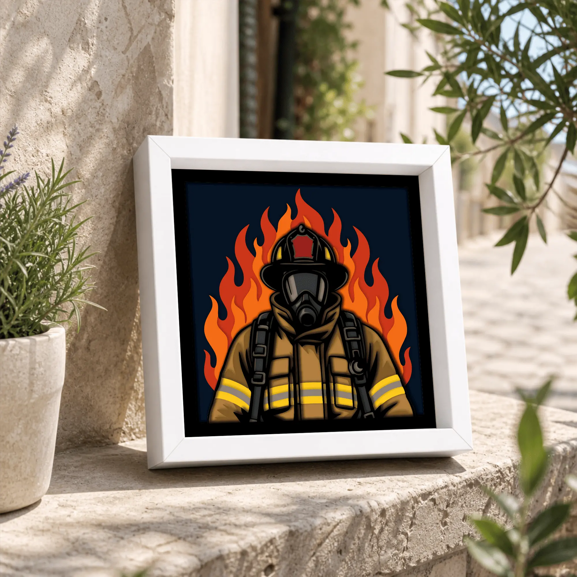 Firefighter shadow box SVG displayed inside a black square frame