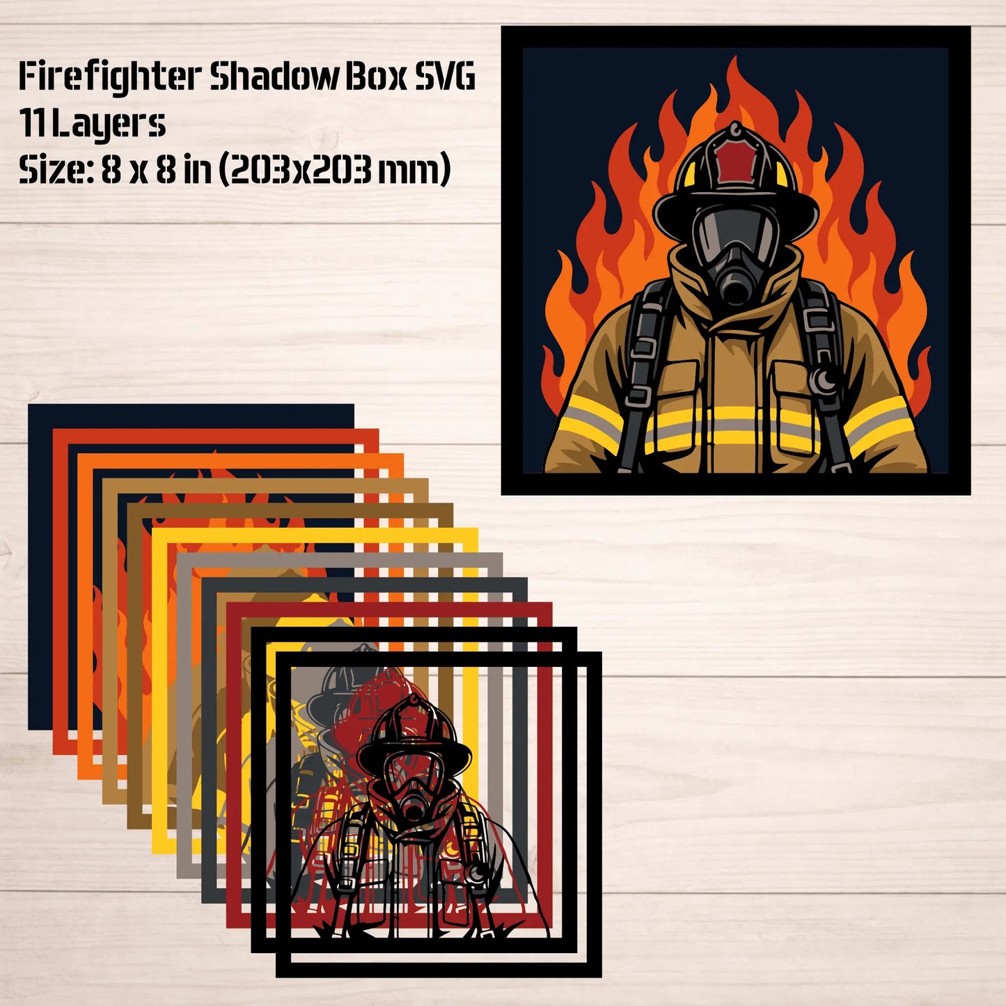 Layered firefighter paper-cut design with helmet and breathing mask