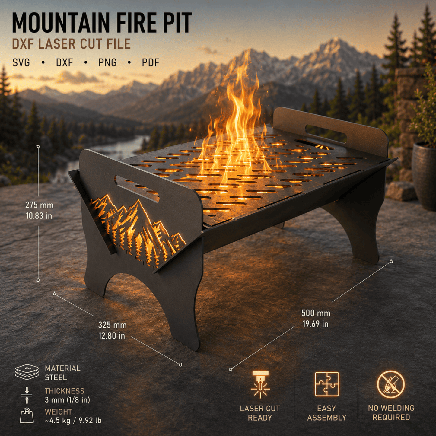 Mountain landscape fire pit for laser cutting
