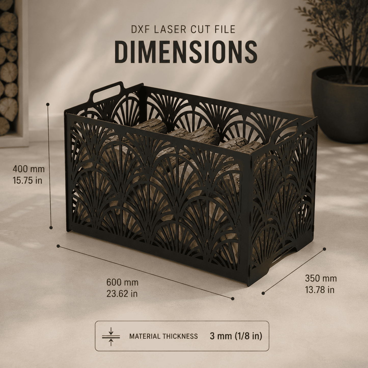 Modern Art Deco log rack for laser cut metal fabrication